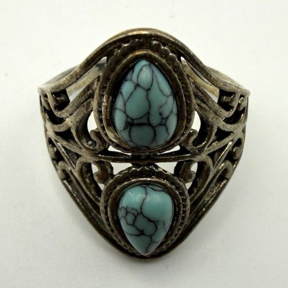 Silver Tone Bezel Set Double Teardrop Turquoise Cocktail Ring Size 7